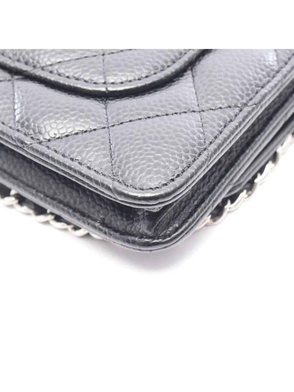Chanel Shoulder Bag Quilted Black Caviar Leather Chain Wallet